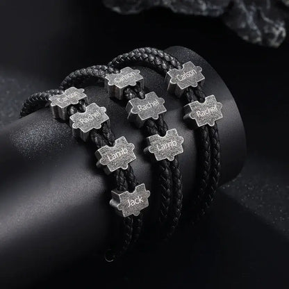 Bracelet Gravé Homme – Cuir Noir et Perles Puzzle Personnalisées en Acier Inoxydable, Cadeau pour Lui, Papa, Anniversaire
