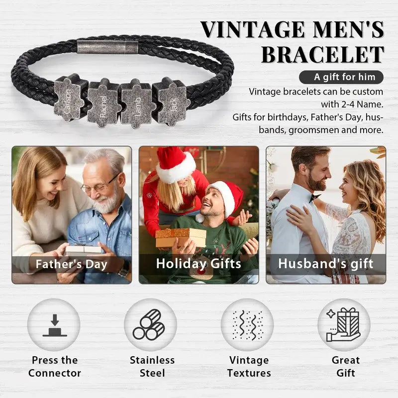 Bracelet Gravé Homme – Cuir Noir et Perles Puzzle Personnalisées en Acier Inoxydable, Cadeau pour Lui, Papa, Anniversaire
