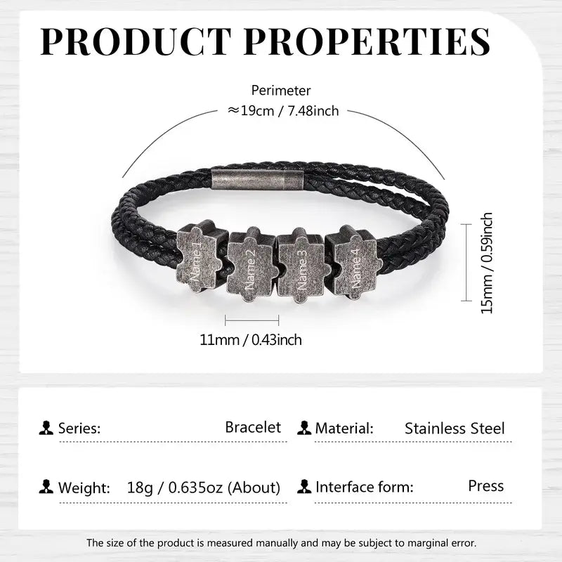 Bracelet Gravé Homme – Cuir Noir et Perles Puzzle Personnalisées en Acier Inoxydable, Cadeau pour Lui, Papa, Anniversaire