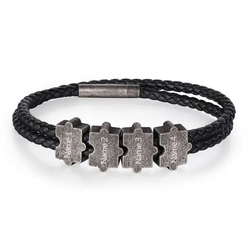Bracelet Gravé Homme – Cuir Noir et Perles Puzzle Personnalisées en Acier Inoxydable, Cadeau pour Lui, Papa, Anniversaire