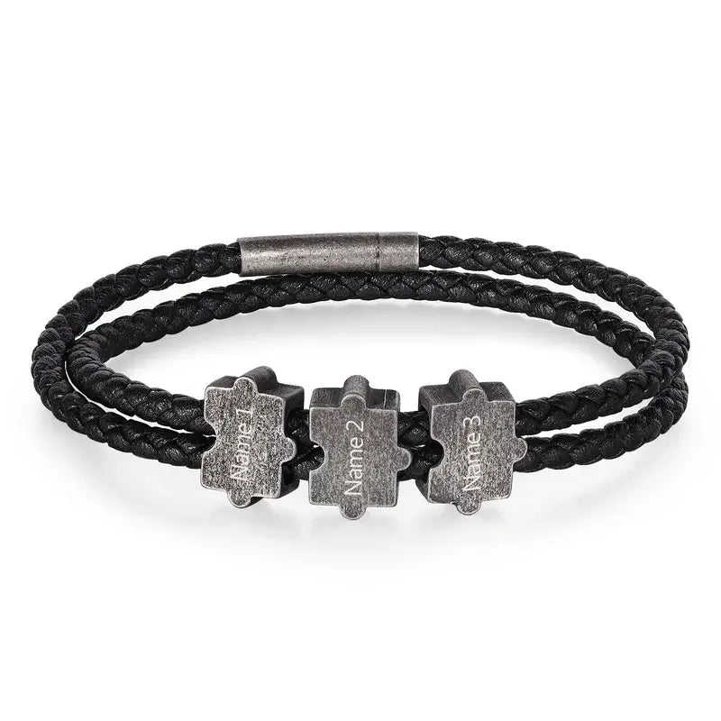 Bracelet Gravé Homme – Cuir Noir et Perles Puzzle Personnalisées en Acier Inoxydable, Cadeau pour Lui, Papa, Anniversaire