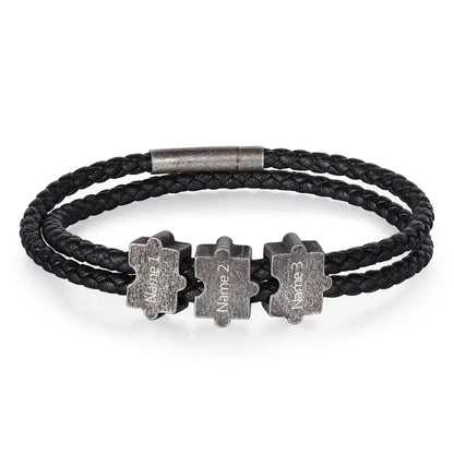 Bracelet Gravé Homme – Cuir Noir et Perles Puzzle Personnalisées en Acier Inoxydable, Cadeau pour Lui, Papa, Anniversaire