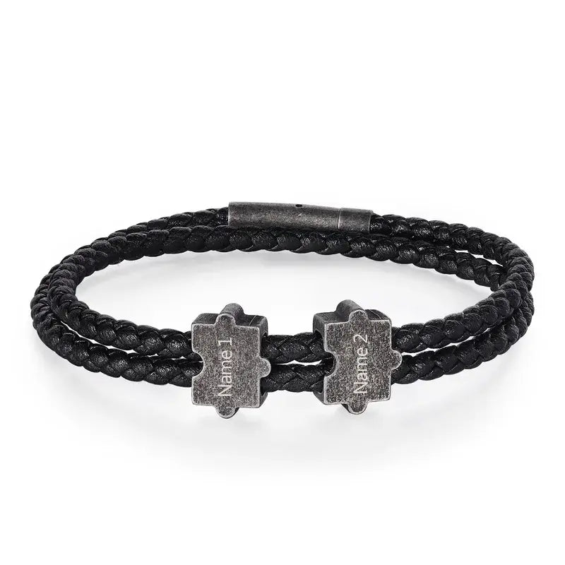 Bracelet Gravé Homme – Cuir Noir et Perles Puzzle Personnalisées en Acier Inoxydable, Cadeau pour Lui, Papa, Anniversaire