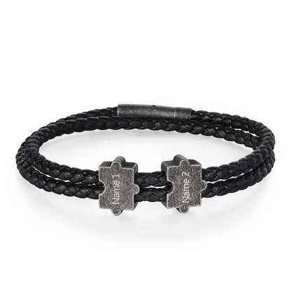 Bracelet Gravé Homme – Cuir Noir et Perles Puzzle Personnalisées en Acier Inoxydable, Cadeau pour Lui, Papa, Anniversaire