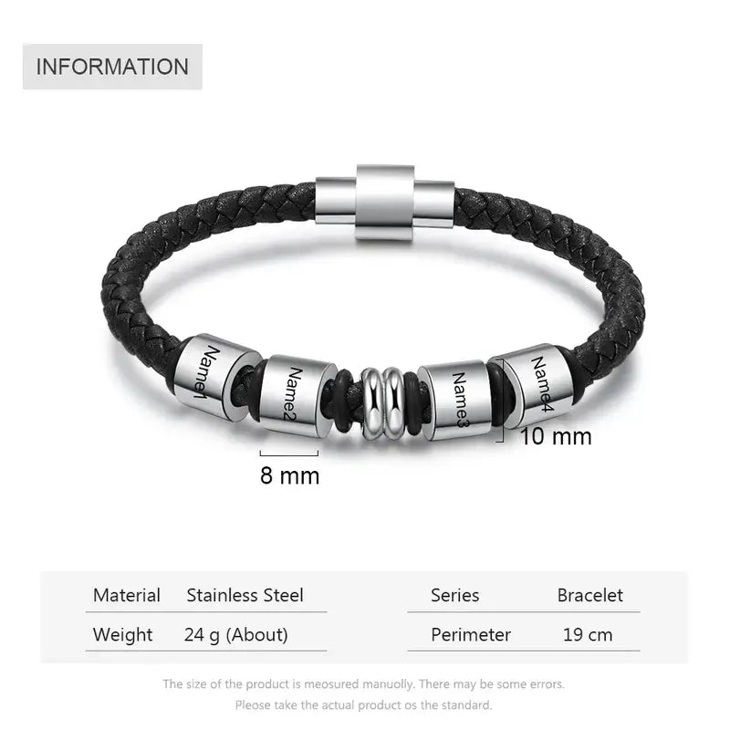 Bracelet Gravé Homme – Cuir Noir et Acier Inoxydable, Jusqu'à 4 Prénoms Personnalisés, Cadeau pour Papa, Petit Ami, Mari