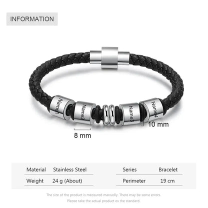 Bracelet Gravé Homme – Cuir Noir et Acier Inoxydable, Jusqu'à 4 Prénoms Personnalisés, Cadeau pour Papa, Petit Ami, Mari