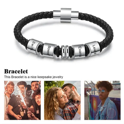 Bracelet Gravé Homme – Cuir Noir et Acier Inoxydable, Jusqu'à 4 Prénoms Personnalisés, Cadeau pour Papa, Petit Ami, Mari