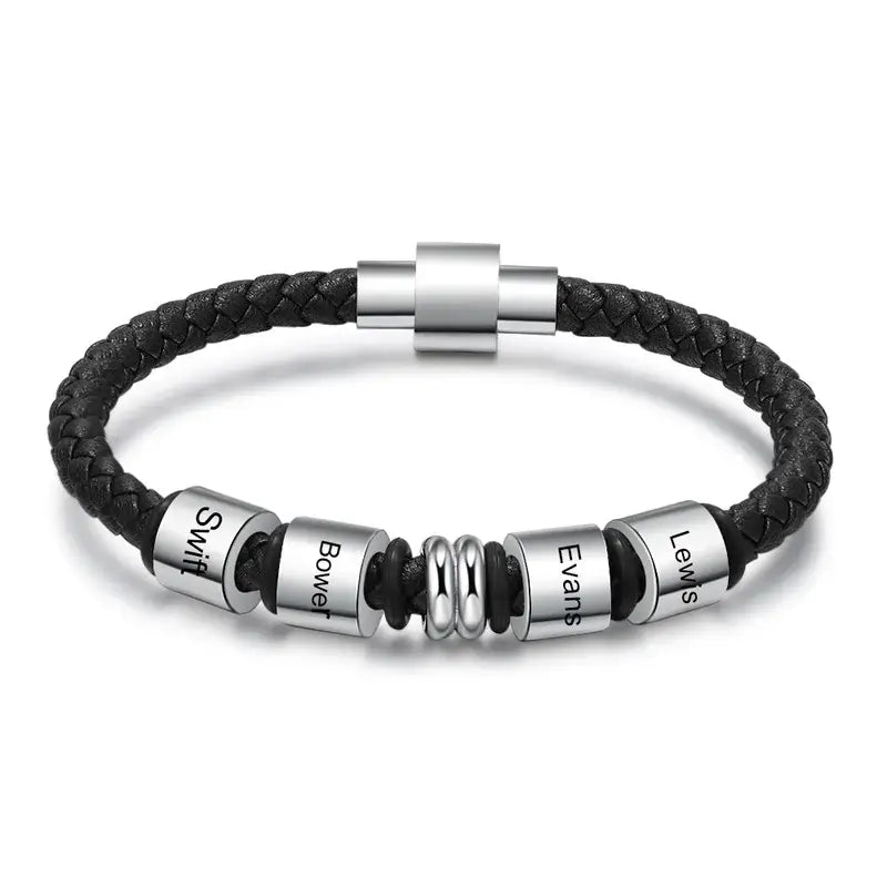 Bracelet Gravé Homme – Cuir Noir et Acier Inoxydable, Jusqu'à 4 Prénoms Personnalisés, Cadeau pour Papa, Petit Ami, Mari