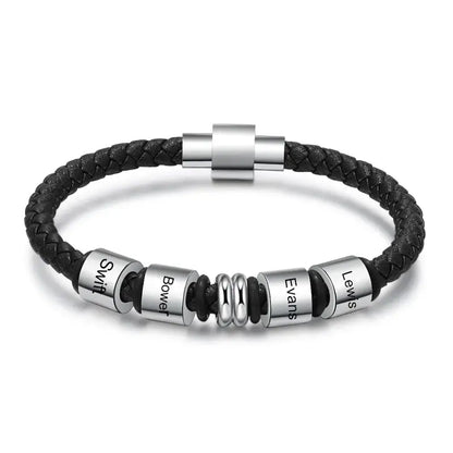 Bracelet Gravé Homme – Cuir Noir et Acier Inoxydable, Jusqu'à 4 Prénoms Personnalisés, Cadeau pour Papa, Petit Ami, Mari