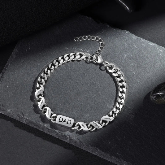 Bracelet Gravé Homme – Acier Inoxydable avec 1 à 6 Prénoms ou Dates Gravés, Cadeau pour Lui, Papa, Fête des Pères
