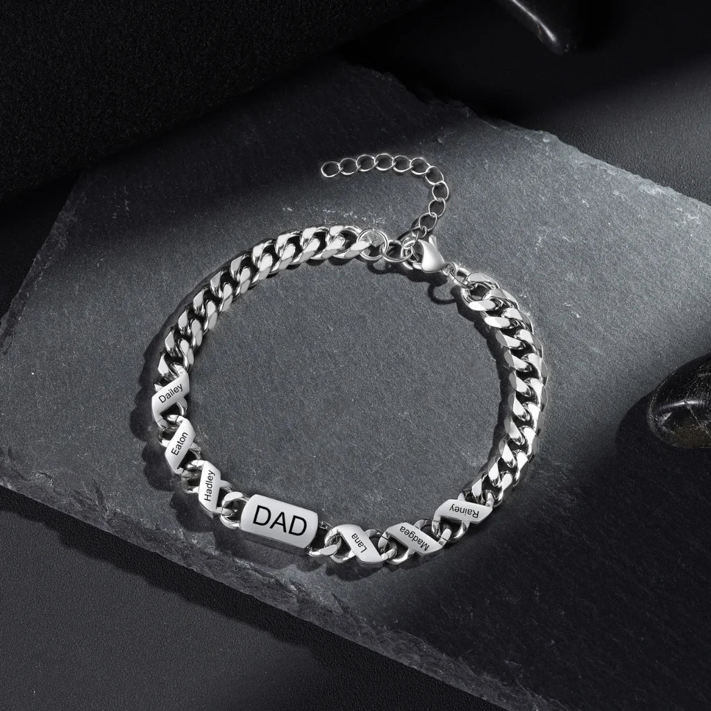 Bracelet Gravé Homme – Acier Inoxydable avec 1 à 6 Prénoms ou Dates Gravés, Cadeau pour Lui, Papa, Fête des Pères