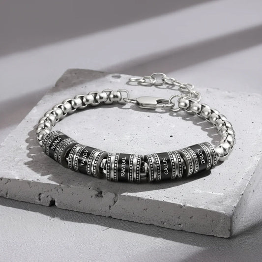 Bracelet Gravé Homme – Acier Inoxydable, Jusqu'à 5 Perles Prénom Gravées, Cadeau pour Lui, Papa, Fête des Pères