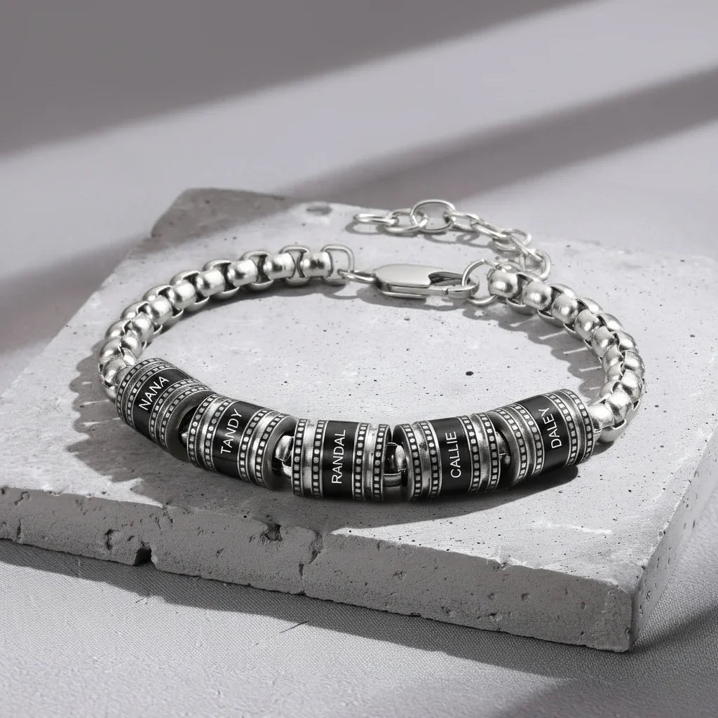Bracelet Gravé Homme – Acier Inoxydable, Jusqu'à 5 Perles Prénom Gravées, Cadeau pour Lui, Papa, Fête des Pères