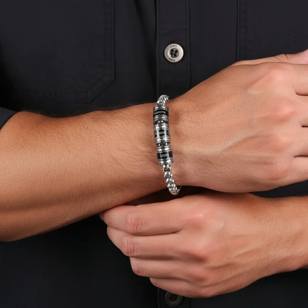 Bracelet Gravé Homme – Acier Inoxydable, Jusqu'à 5 Perles Prénom Gravées, Cadeau pour Lui, Papa, Fête des Pères