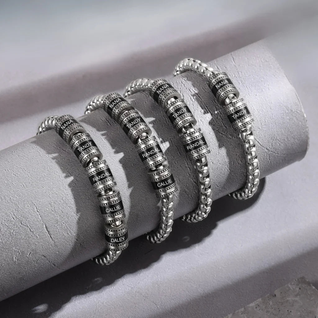 Bracelet Gravé Homme – Acier Inoxydable, Jusqu'à 5 Perles Prénom Gravées, Cadeau pour Lui, Papa, Fête des Pères