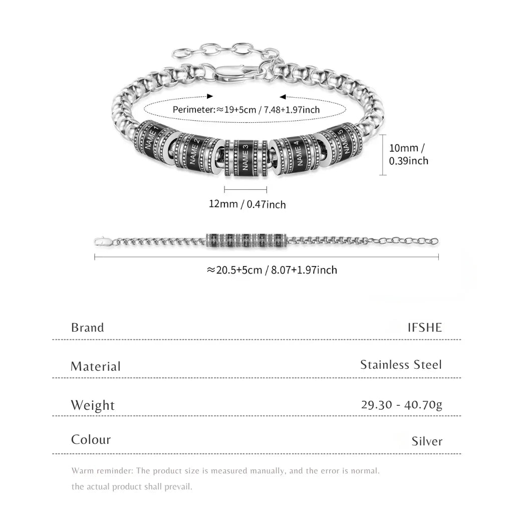 Bracelet Gravé Homme – Acier Inoxydable, Jusqu'à 5 Perles Prénom Gravées, Cadeau pour Lui, Papa, Fête des Pères