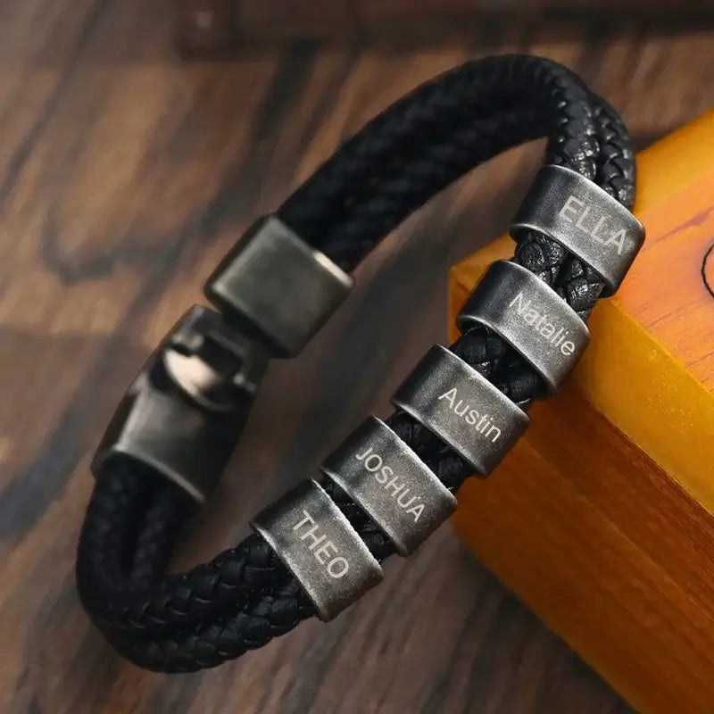 Bracelet Gravé Homme – Acier Inoxydable Noir, 2 à 5 Perles avec Prénoms, Cadeau pour Lui, Papa