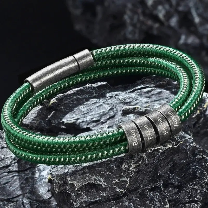 Bracelet Gravé Homme – Acier Inoxydable et Cordon Nylon, Noir ou Vert, Prénom Personnalisé, Cadeau pour Lui, Papa