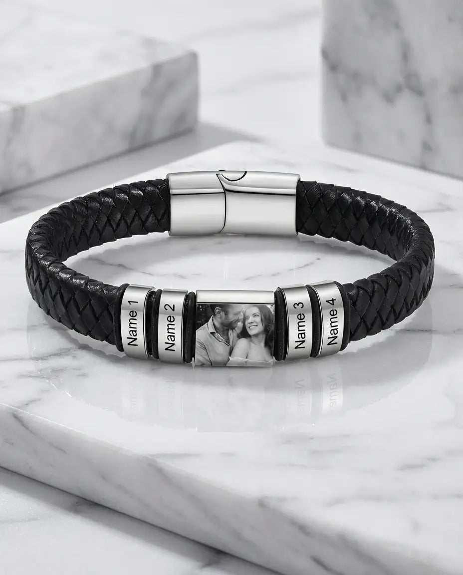 Bracelet Gravé – Cuir Tressé Noir avec Charm Photo et Perles Prénom, Photo à l'Intérieur, Cadeau pour Lui, Papa