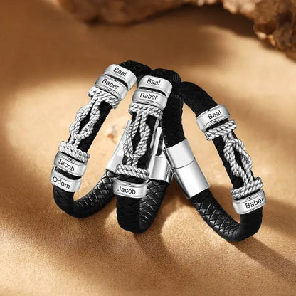 Bracelet Gravé Homme – Cuir Noir et Plaque en Acier Inoxydable Gravée d'un Prénom, Cadeau pour Lui, Papa, Anniversaire