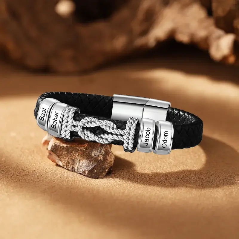 Bracelet Gravé Homme – Cuir Noir et Plaque en Acier Inoxydable Gravée d'un Prénom, Cadeau pour Lui, Papa, Anniversaire