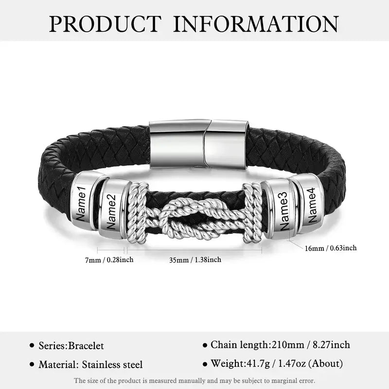 Bracelet Gravé Homme – Cuir Noir et Plaque en Acier Inoxydable Gravée d'un Prénom, Cadeau pour Lui, Papa, Anniversaire