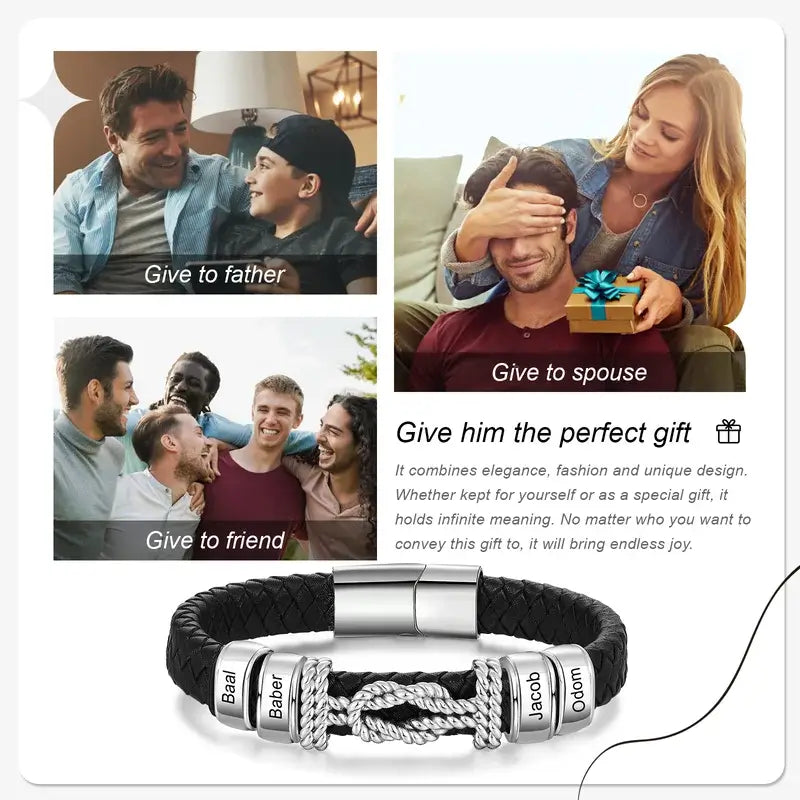 Bracelet Gravé Homme – Cuir Noir et Plaque en Acier Inoxydable Gravée d'un Prénom, Cadeau pour Lui, Papa, Anniversaire