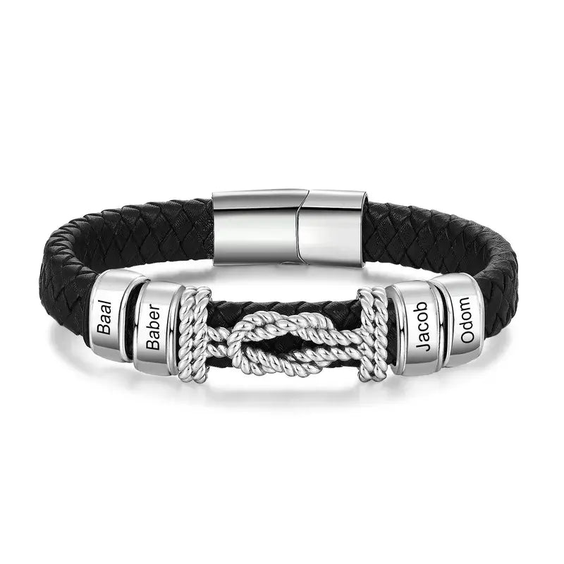 Bracelet Gravé Homme – Cuir Noir et Plaque en Acier Inoxydable Gravée d'un Prénom, Cadeau pour Lui, Papa, Anniversaire