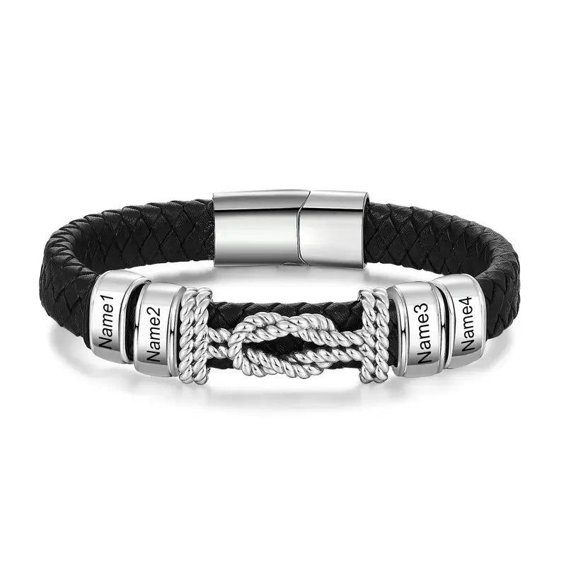 Bracelet Gravé Homme – Cuir Noir et Plaque en Acier Inoxydable Gravée d'un Prénom, Cadeau pour Lui, Papa, Anniversaire