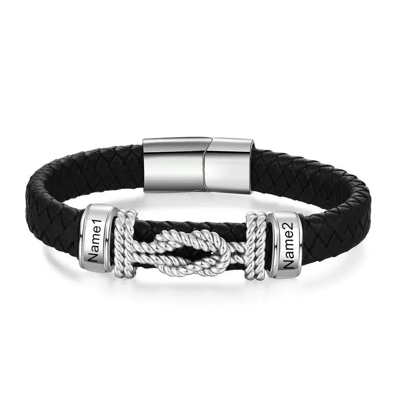 Bracelet Gravé Homme – Cuir Noir et Plaque en Acier Inoxydable Gravée d'un Prénom, Cadeau pour Lui, Papa, Anniversaire