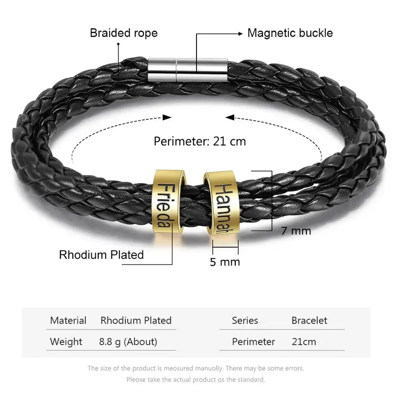 Bracelet Gravé Homme – Cuir Noir et Perles Dorées en Acier Inoxydable, 2 à 5 Prénoms Gravés, Cadeau pour Lui, Papa