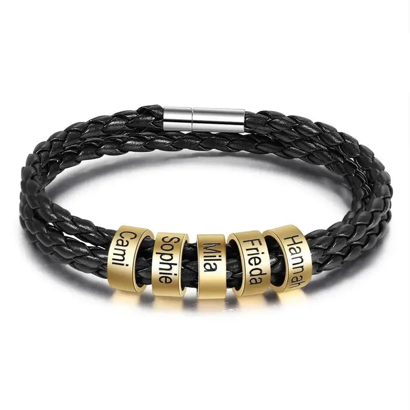 Bracelet Gravé Homme – Cuir Noir et Perles Dorées en Acier Inoxydable, 2 à 5 Prénoms Gravés, Cadeau pour Lui, Papa