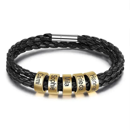 Bracelet Gravé Homme – Cuir Noir et Perles Dorées en Acier Inoxydable, 2 à 5 Prénoms Gravés, Cadeau pour Lui, Papa