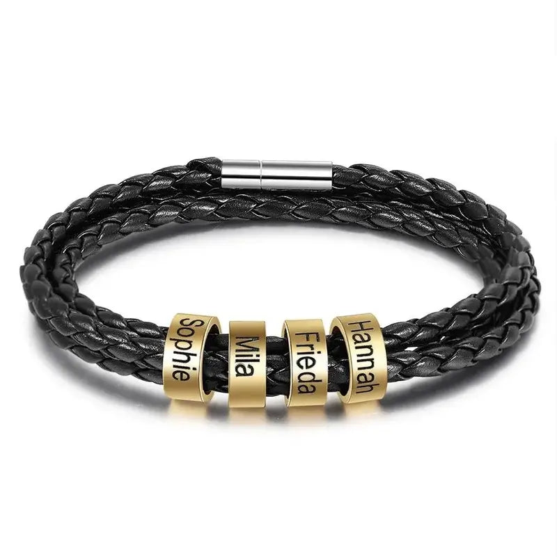 Bracelet Gravé Homme – Cuir Noir et Perles Dorées en Acier Inoxydable, 2 à 5 Prénoms Gravés, Cadeau pour Lui, Papa