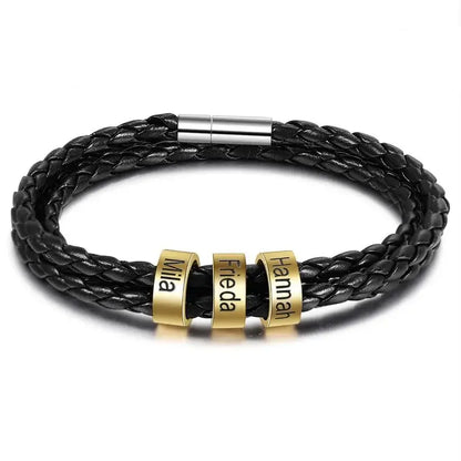 Bracelet Gravé Homme – Cuir Noir et Perles Dorées en Acier Inoxydable, 2 à 5 Prénoms Gravés, Cadeau pour Lui, Papa