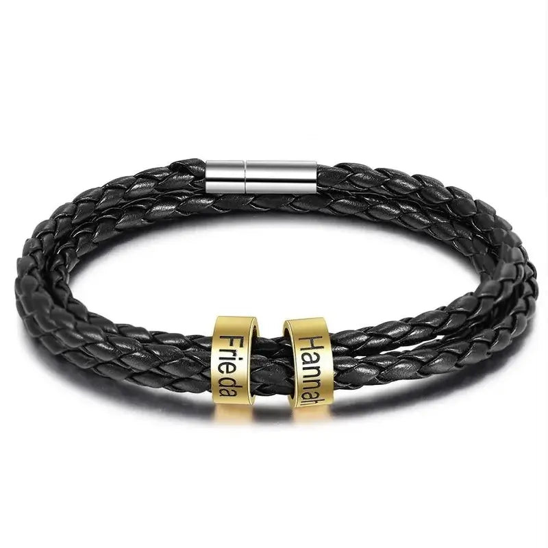 Bracelet Gravé Homme – Cuir Noir et Perles Dorées en Acier Inoxydable, 2 à 5 Prénoms Gravés, Cadeau pour Lui, Papa