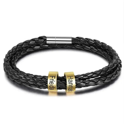 Bracelet Gravé Homme – Cuir Noir et Perles Dorées en Acier Inoxydable, 2 à 5 Prénoms Gravés, Cadeau pour Lui, Papa