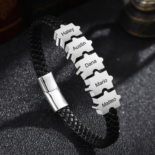 Bracelet Gravé Homme – Cuir Noir et Acier Inoxydable, 2 à 5 Perles Puzzle Personnalisées, Cadeau pour Lui, Papa, Petit Ami