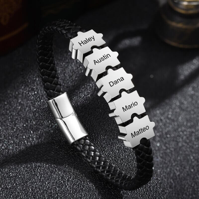 Bracelet Gravé Homme – Cuir Noir et Acier Inoxydable, 2 à 5 Perles Puzzle Personnalisées, Cadeau pour Lui, Papa, Petit Ami