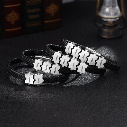 Bracelet Gravé Homme – Cuir Noir et Acier Inoxydable, 2 à 5 Perles Puzzle Personnalisées, Cadeau pour Lui, Papa, Petit Ami