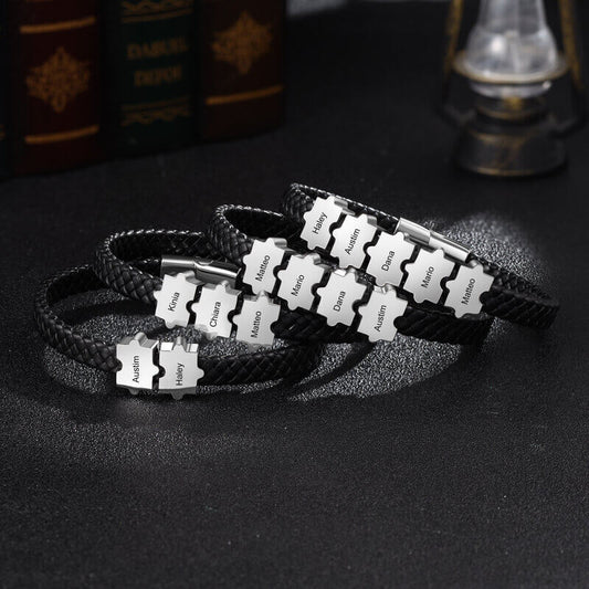Bracelet Gravé Homme – Cuir Noir et Acier Inoxydable, 2 à 5 Perles Puzzle Personnalisées, Cadeau pour Lui, Papa, Petit Ami