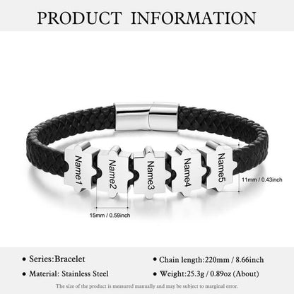 Bracelet Gravé Homme – Cuir Noir et Acier Inoxydable, 2 à 5 Perles Puzzle Personnalisées, Cadeau pour Lui, Papa, Petit Ami