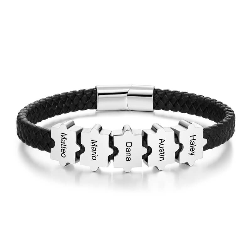 Bracelet Gravé Homme – Cuir Noir et Acier Inoxydable, 2 à 5 Perles Puzzle Personnalisées, Cadeau pour Lui, Papa, Petit Ami