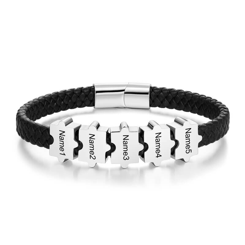 Bracelet Gravé Homme – Cuir Noir et Acier Inoxydable, 2 à 5 Perles Puzzle Personnalisées, Cadeau pour Lui, Papa, Petit Ami