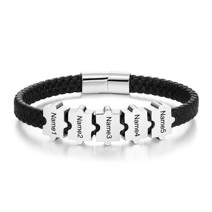 Bracelet Gravé Homme – Cuir Noir et Acier Inoxydable, 2 à 5 Perles Puzzle Personnalisées, Cadeau pour Lui, Papa, Petit Ami