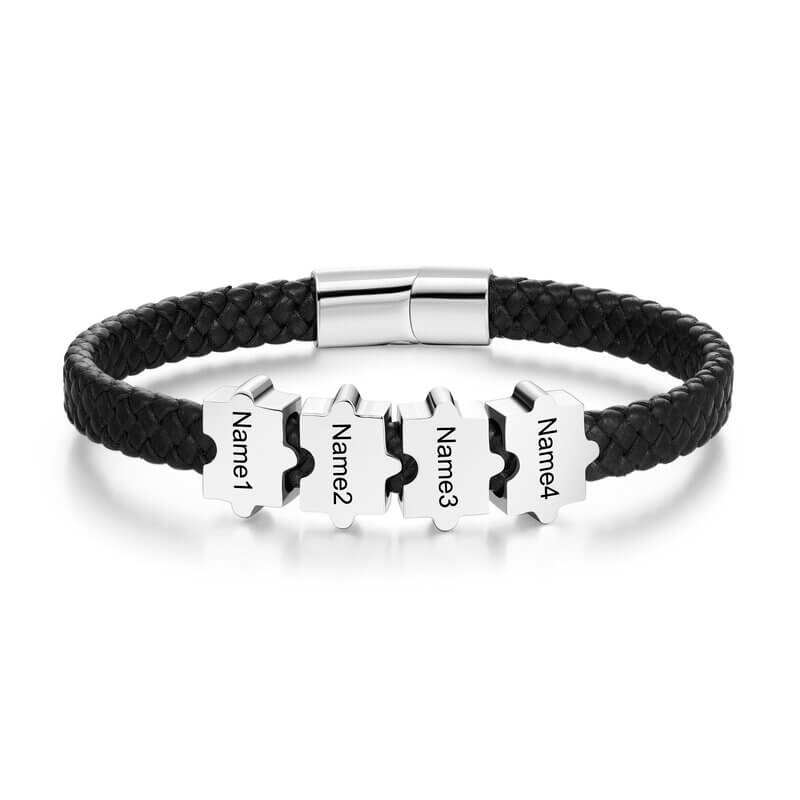 Bracelet Gravé Homme – Cuir Noir et Acier Inoxydable, 2 à 5 Perles Puzzle Personnalisées, Cadeau pour Lui, Papa, Petit Ami