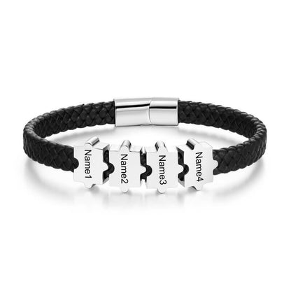 Bracelet Gravé Homme – Cuir Noir et Acier Inoxydable, 2 à 5 Perles Puzzle Personnalisées, Cadeau pour Lui, Papa, Petit Ami