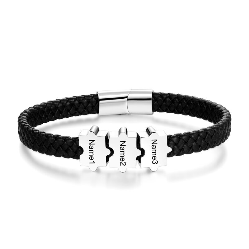 Bracelet Gravé Homme – Cuir Noir et Acier Inoxydable, 2 à 5 Perles Puzzle Personnalisées, Cadeau pour Lui, Papa, Petit Ami