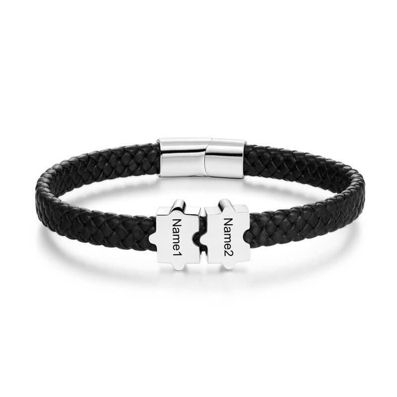 Bracelet Gravé Homme – Cuir Noir et Acier Inoxydable, 2 à 5 Perles Puzzle Personnalisées, Cadeau pour Lui, Papa, Petit Ami