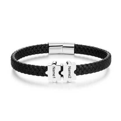 Bracelet Gravé Homme – Cuir Noir et Acier Inoxydable, 2 à 5 Perles Puzzle Personnalisées, Cadeau pour Lui, Papa, Petit Ami